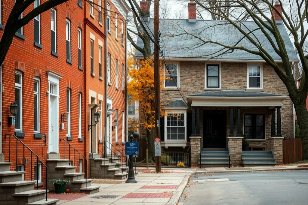 A street of brick rowhouses and stone twins under bare trees in leaf-off light.